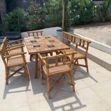 Complete Rattan and Ceramic Dining Room Set Attributed to Audoux Minnet, 1960s