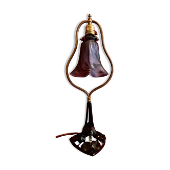 Art Deco lamp, in wrought iron and brass, "Vianne" lampshade, 1930s
