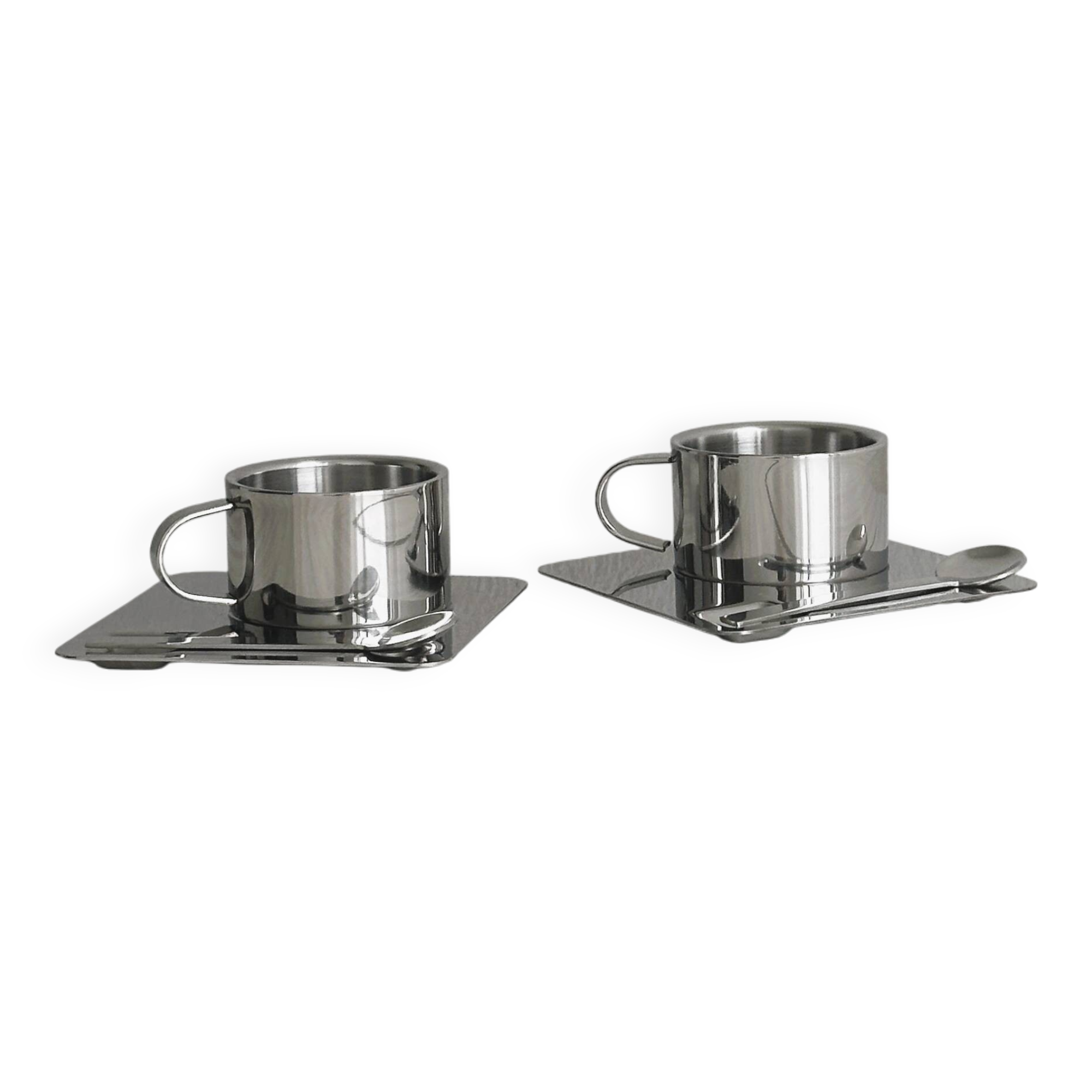 2 stainless steel espresso cups with tray and spoon