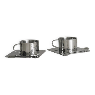 2 tasses à expresso inox avec plateau et cuillère