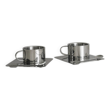 2 tasses à expresso inox avec plateau et cuillère