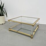 Table basse lucite, laiton et verre années 70