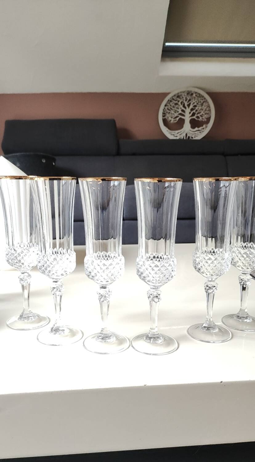 Lot of 6 x Champagne Flutes crystal/Valencay Gold/Crystal d'Arques