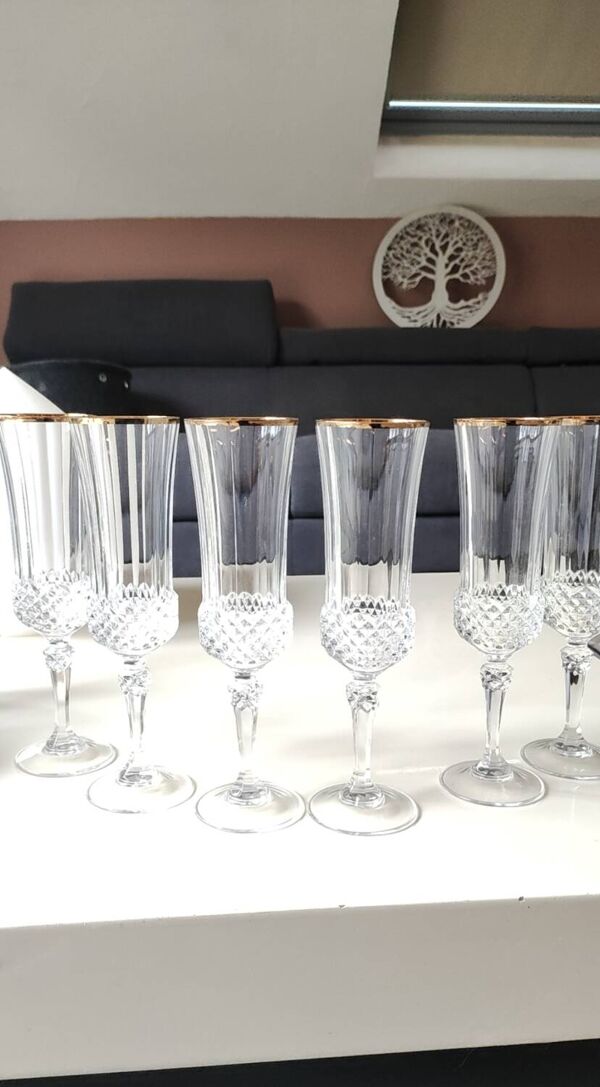 Lot 6 x Flûtes à Champagne cristal/Mod Valencay Gold/Cristal d Arques