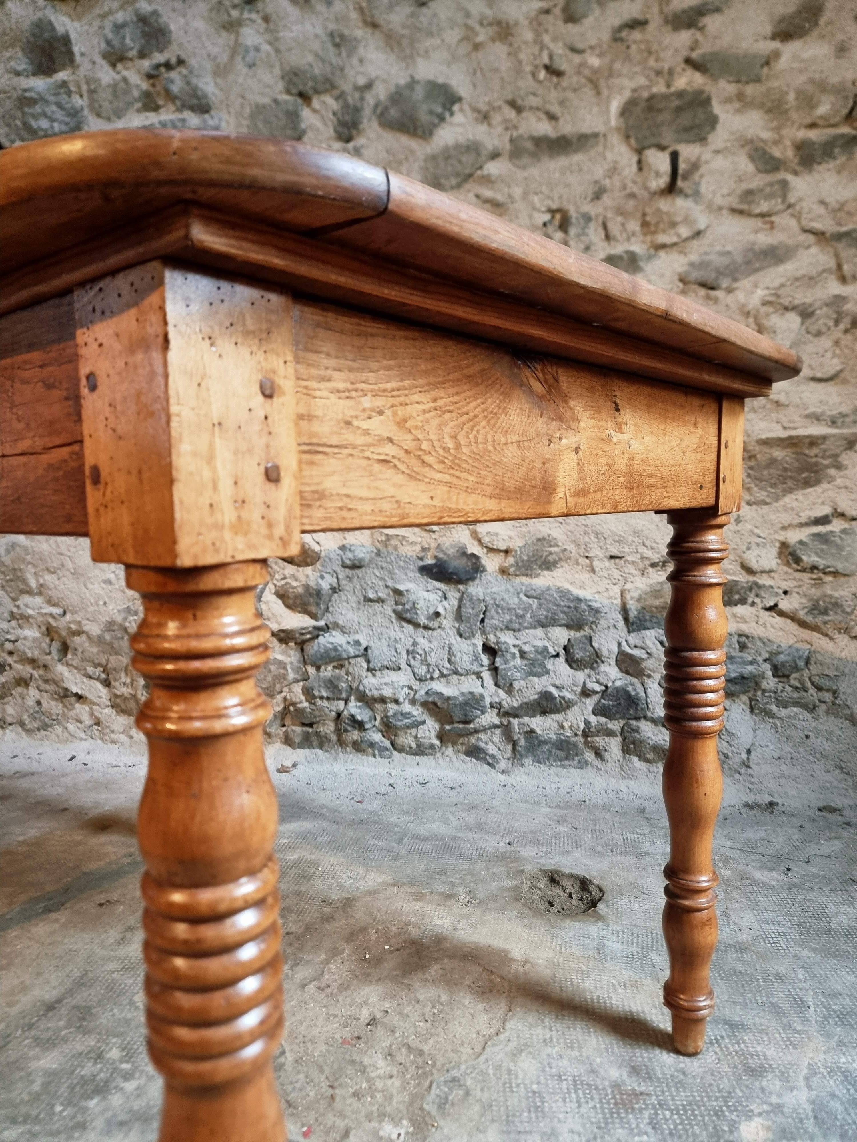 French vintage dining/desk table – oak and walnut – marble top – 1960s writing table with drawer