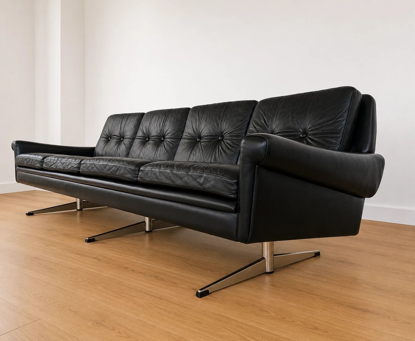 Vintage Danish Svend Skipper 4 person sofa in black leather and chrome