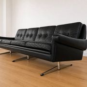 Vintage Danish Svend Skipper 4 person sofa in black leather and chrome
