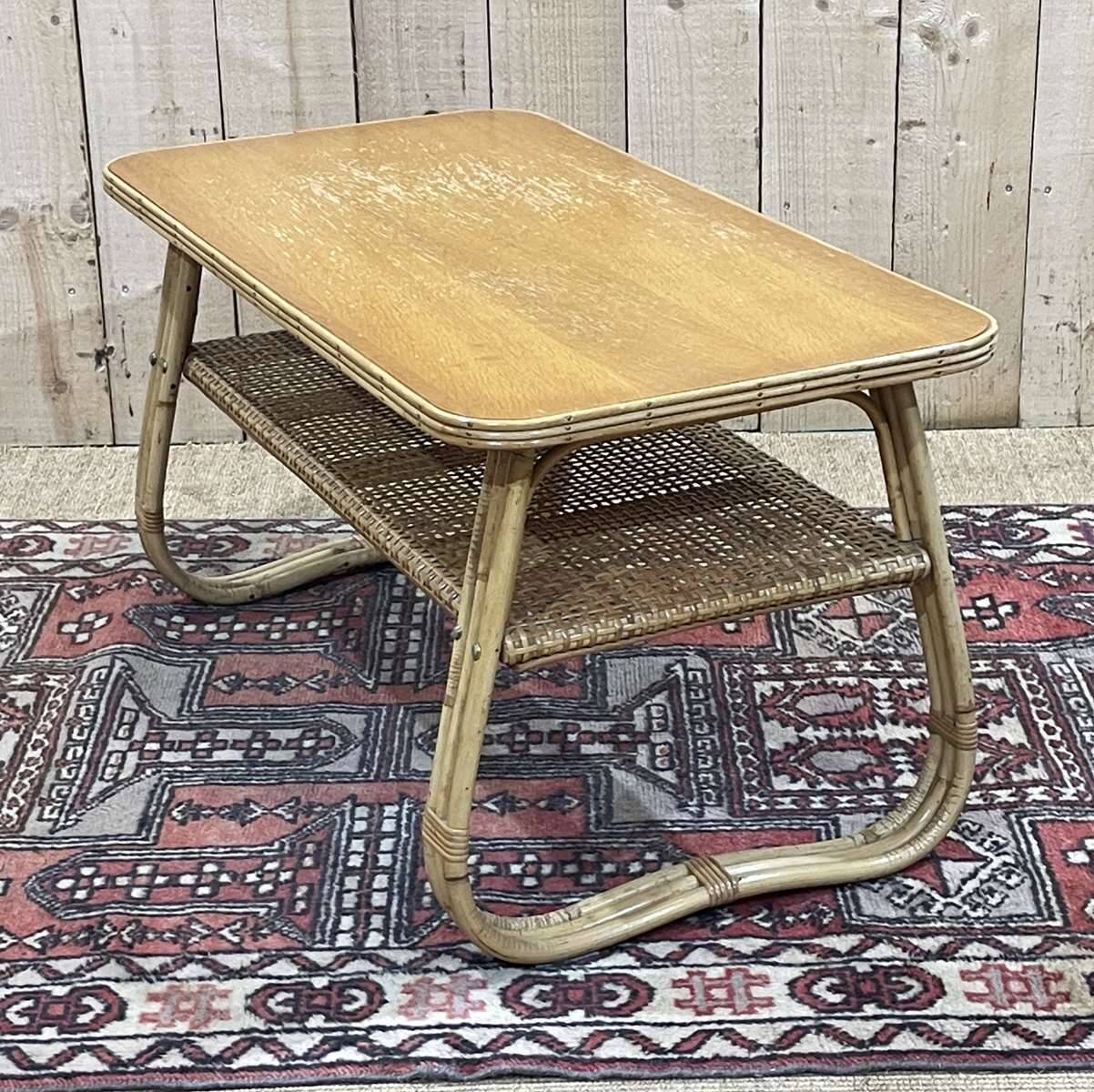 Rattan coffee table and caned shelf from the 1970s.