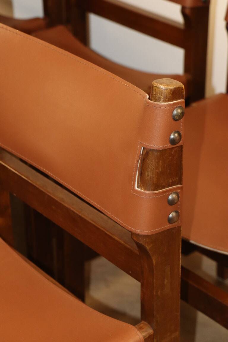 Series of 6 vintage Maison Regain chairs in leather and wood, 1960s