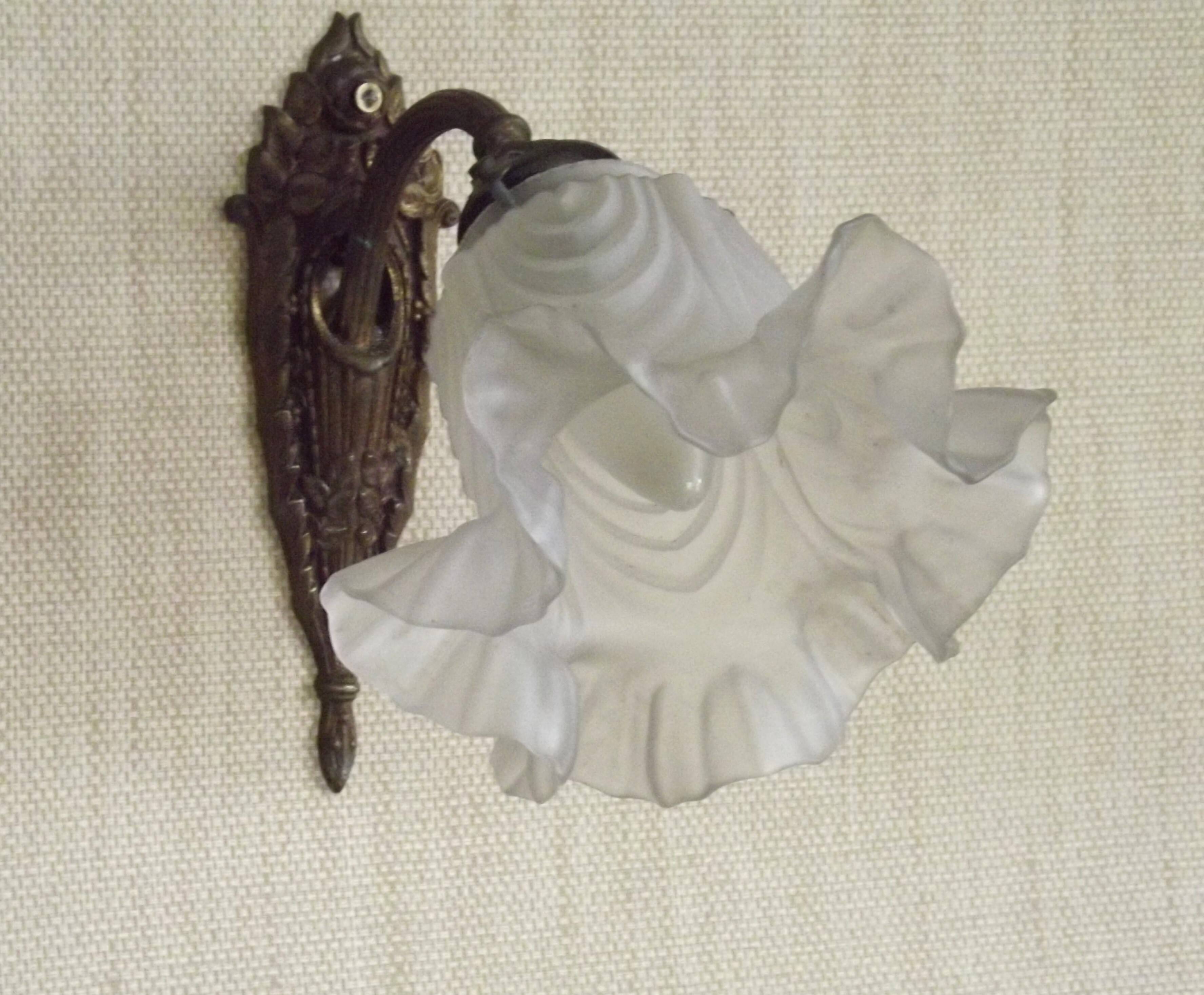 Single French Bronze Art Nouveau Wall Light with Flower Detail and White Glass Shade 4970