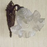 Single French Bronze Art Nouveau Wall Light with Flower Detail and White Glass Shade 4970