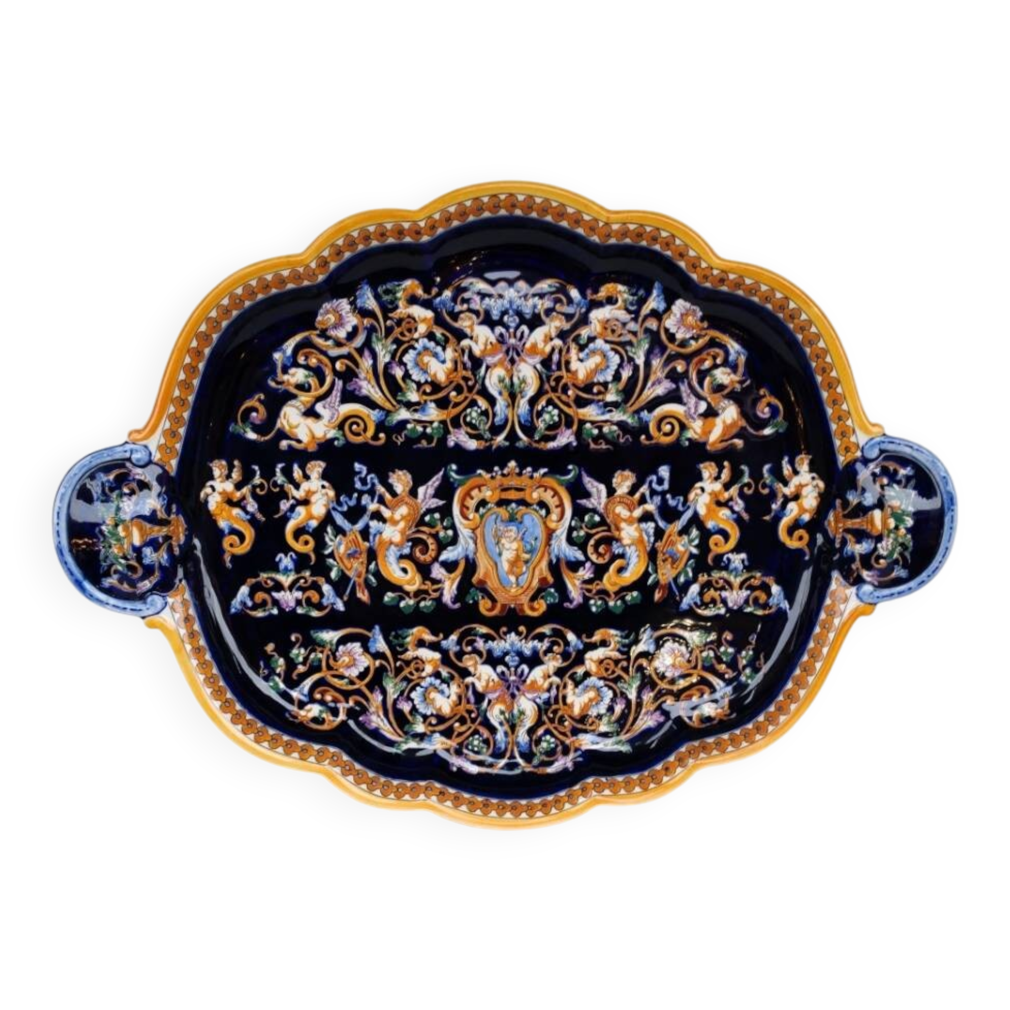 Large ceramic platter from Gien, Renaissance model, 20th century.