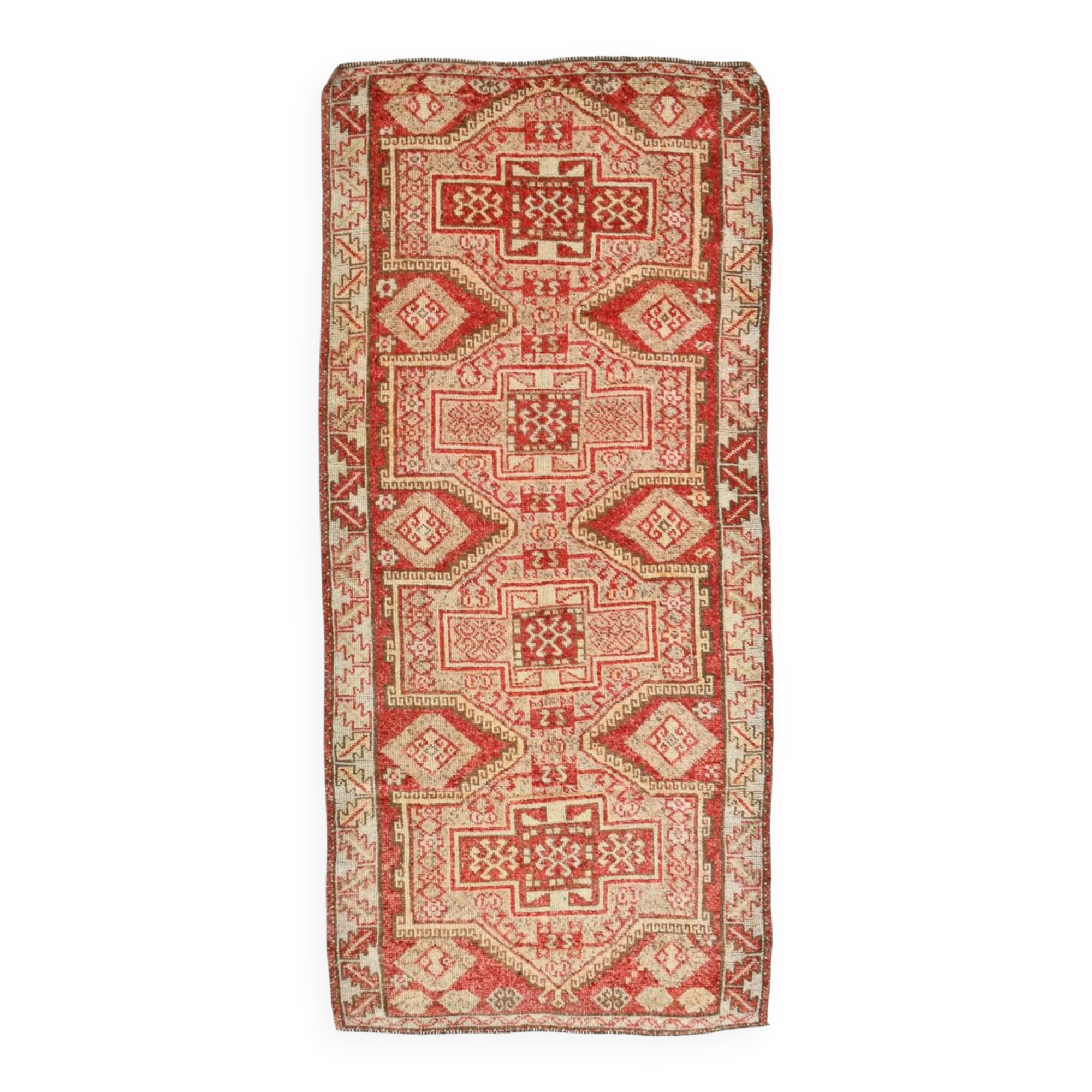 Tarecotta Red & Beige Long Wide Kilim Rug, Ethnic Patterned Rug, 141x309 Cm