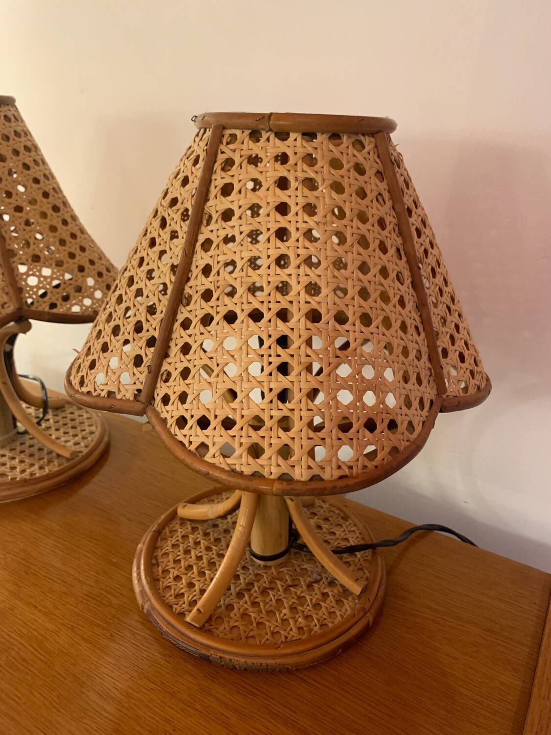 Paire de lampe vintage rotin et cannage