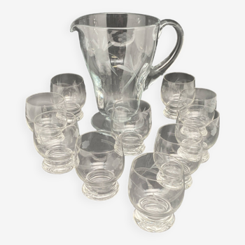 Pitcher and chiseled glasses service Flower pattern