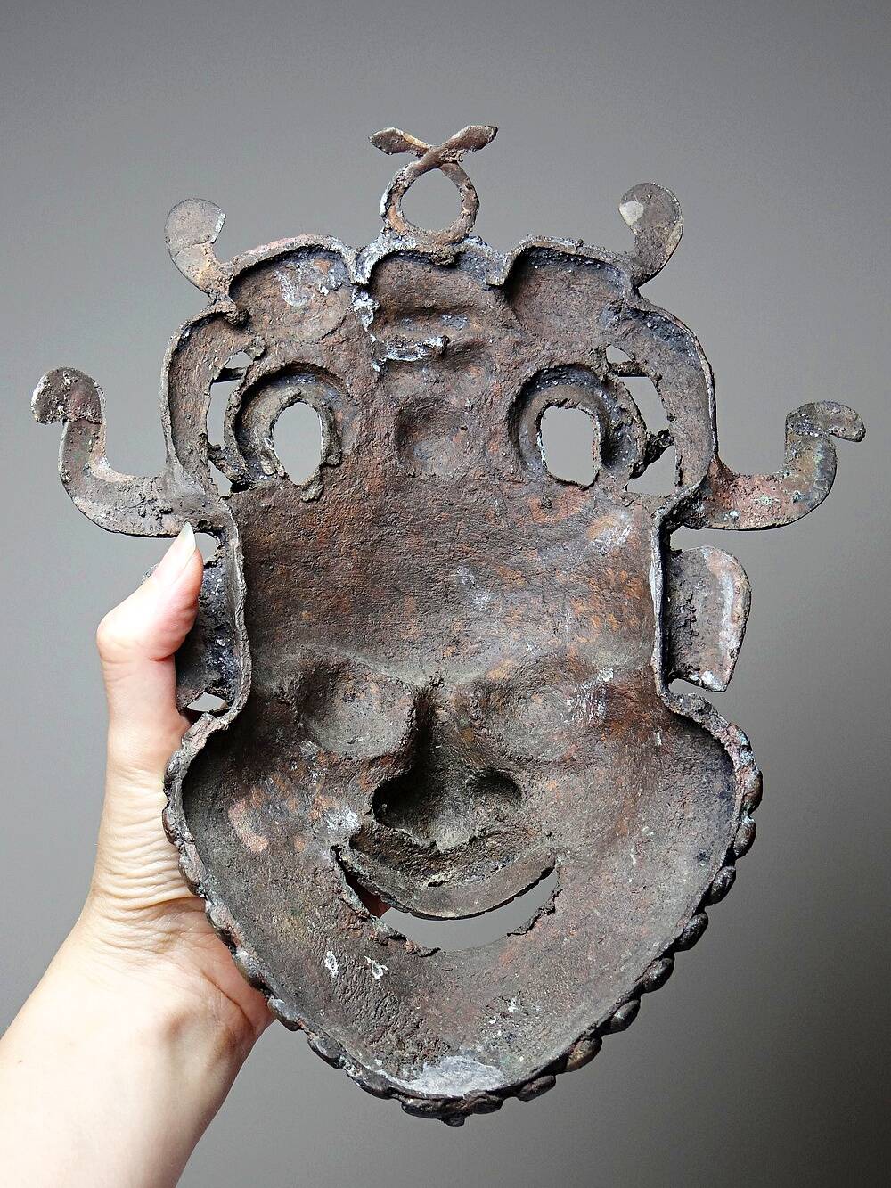 Vintage African bronze mask from Bamoun, Cameroon
