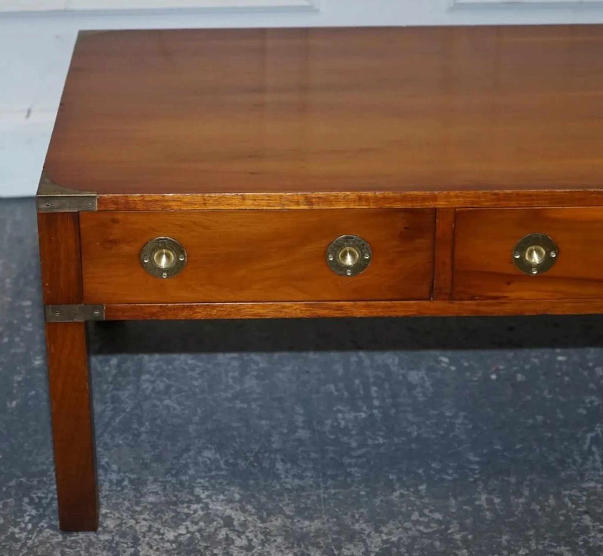 Vintage Military Campaign Coffee Table in Yew Wood and Brass