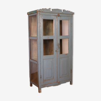 Old art deco showcase in original grey-blue patina burmese teak