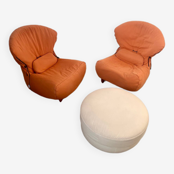 Set of 2 fireside chairs and its annie hieronimus designer pouf for cinna france