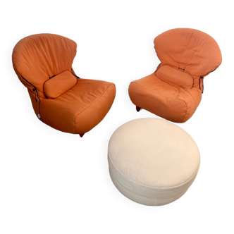 Set of 2 fireside chairs and its annie hieronimus designer pouf for cinna france