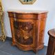 Curved support furniture in floral marquetry – Louis XV style, marble top, late 19th century.