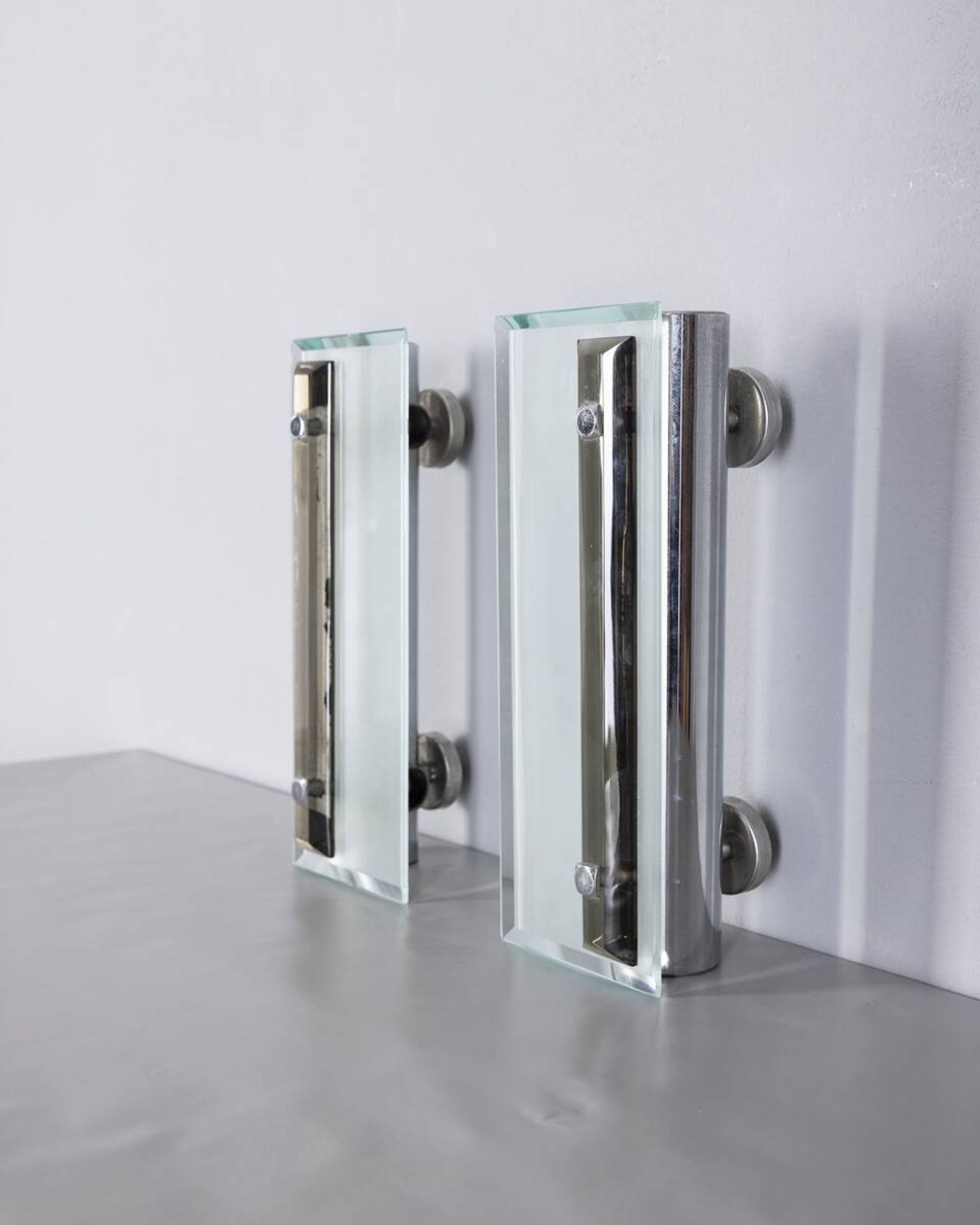 Pair of vintage 1960s metal and glass wall lamps, Italian design