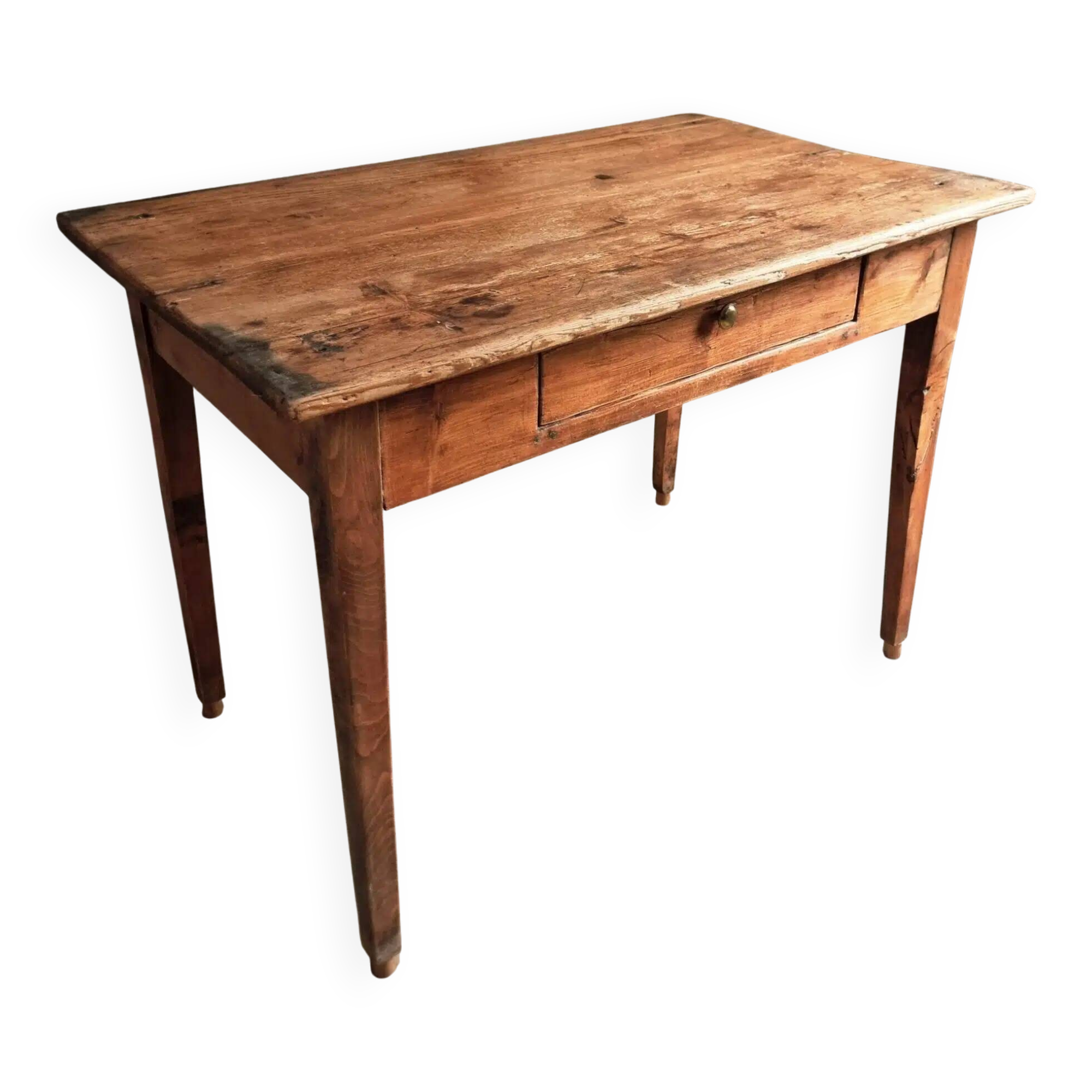 Table de ferme rustique en pin et cerisier, 1 tiroir, années 1930