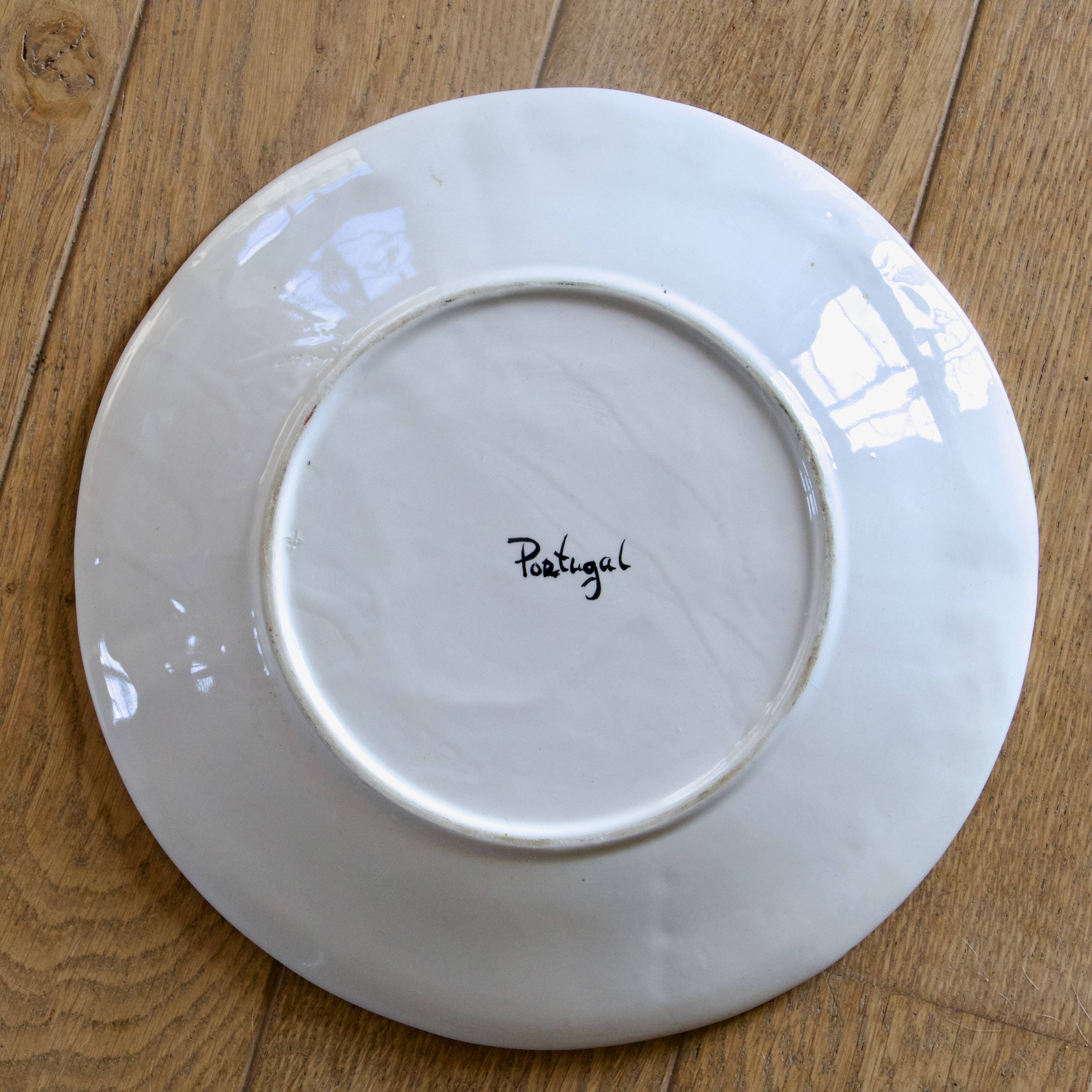 Vintage Portuguese earthenware dish with strawberries and pink flowers