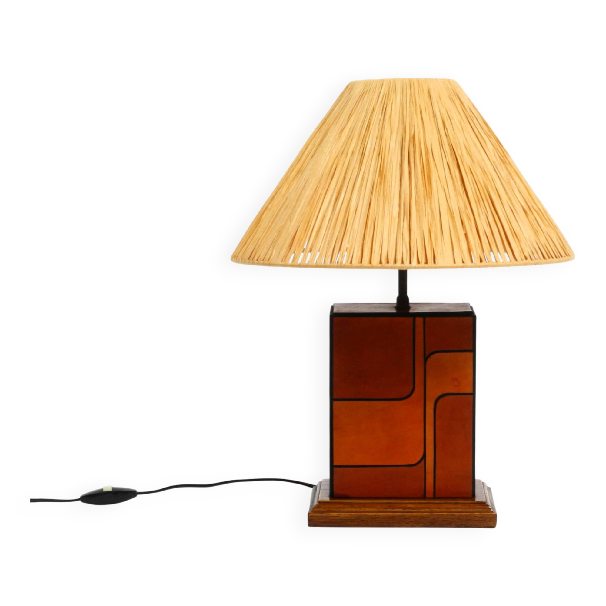 Italian 60s table lamp made of wood and leather with paper straw lampshade