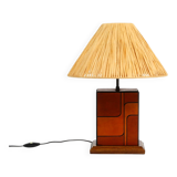 Italian 60s table lamp made of wood and leather with paper straw lampshade