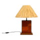 Italian 60s table lamp made of wood and leather with paper straw lampshade