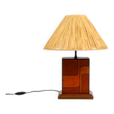 Italian 60s table lamp made of wood and leather with paper straw lampshade