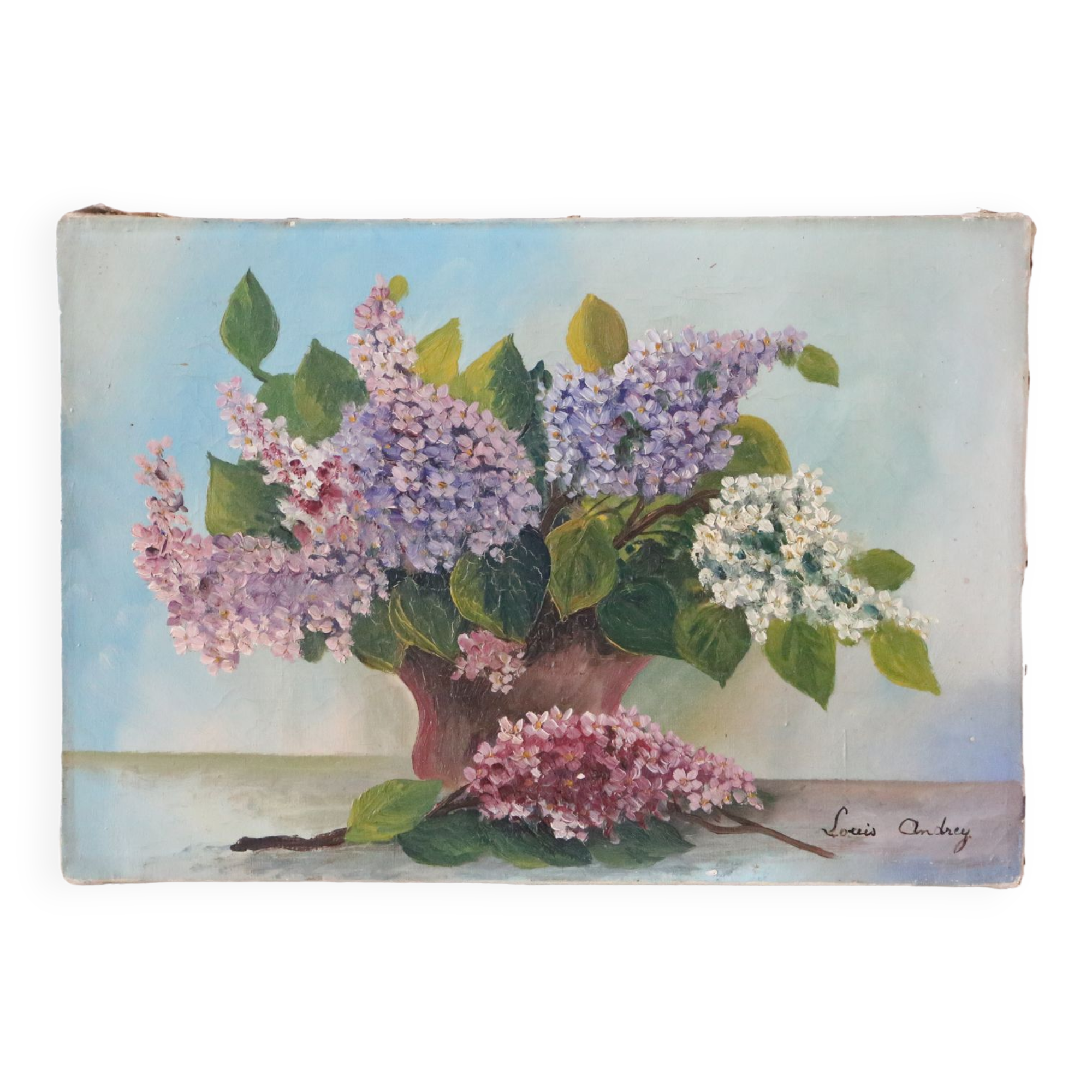 Painting bouquet of flowers, still life, signed Louis Andrey, oil on canvas, mid-twentieth