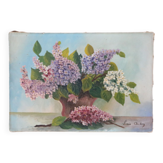 Tableau bouquet de fleurs,  nature morte, signée Louis Andrey, huile sur toile, milieu XXème