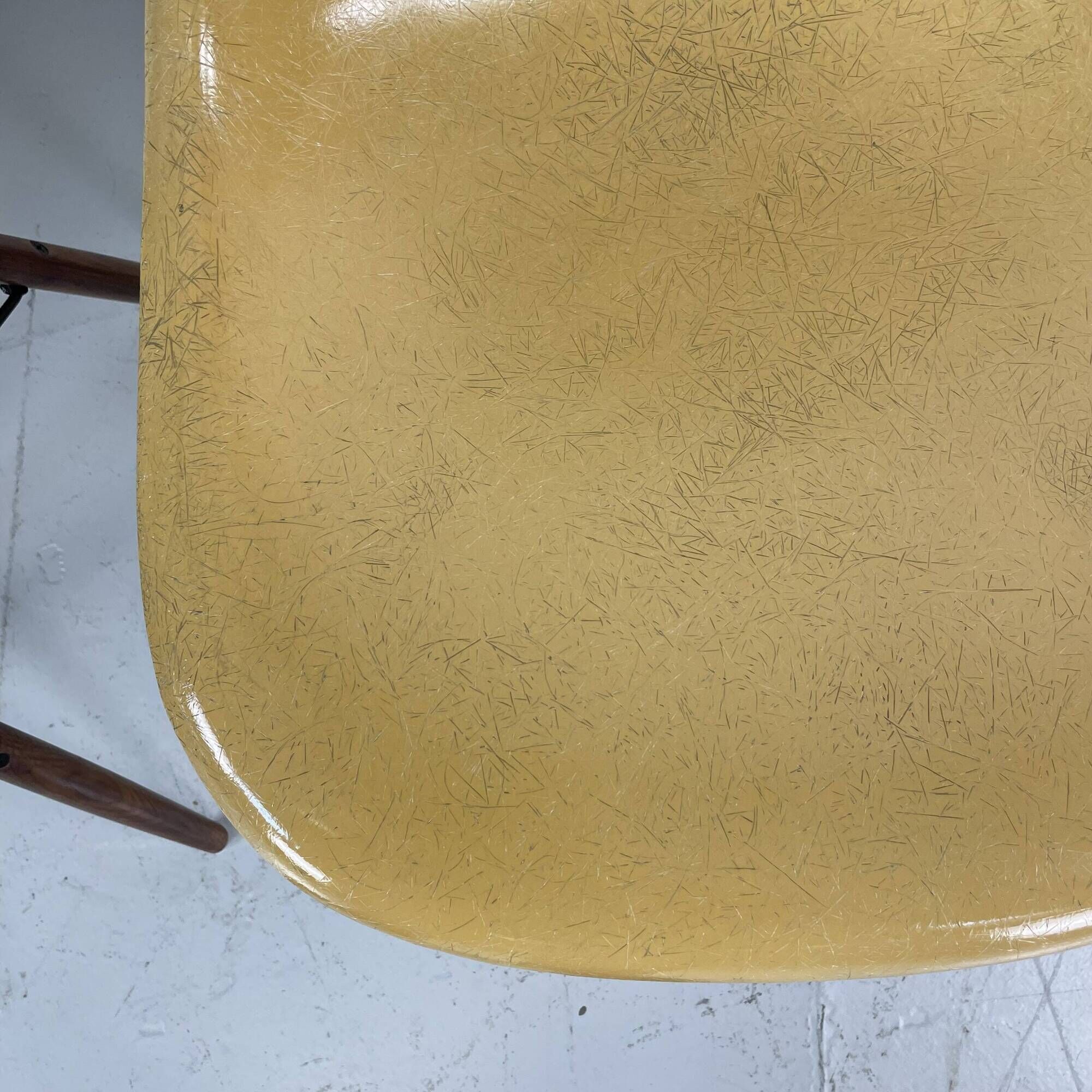 Eames Herman Miller DSW side chairs in greige, seafoam green, light ochre and parchment with slight