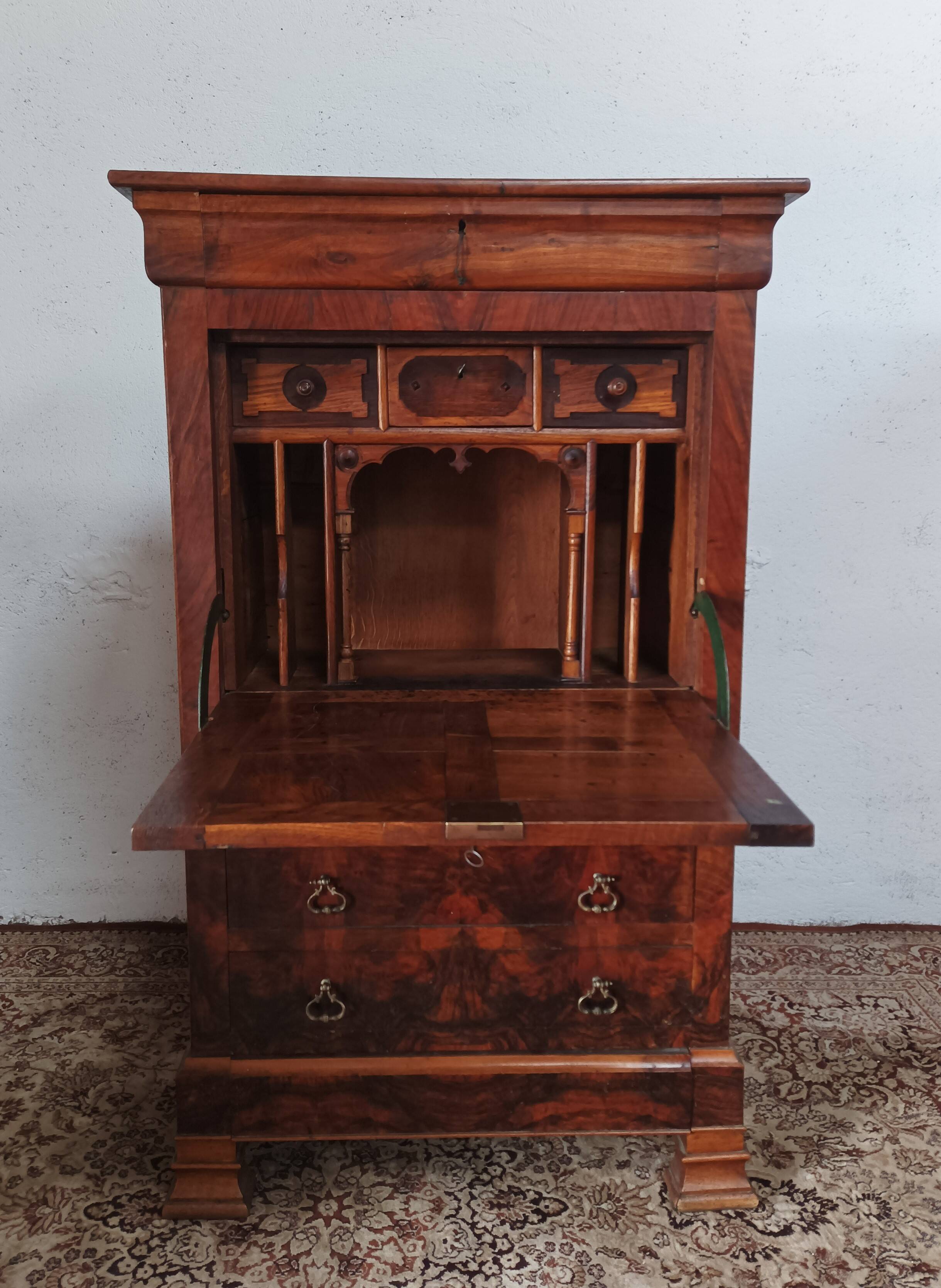 Louis Philippe secretary in oak and burr walnut
