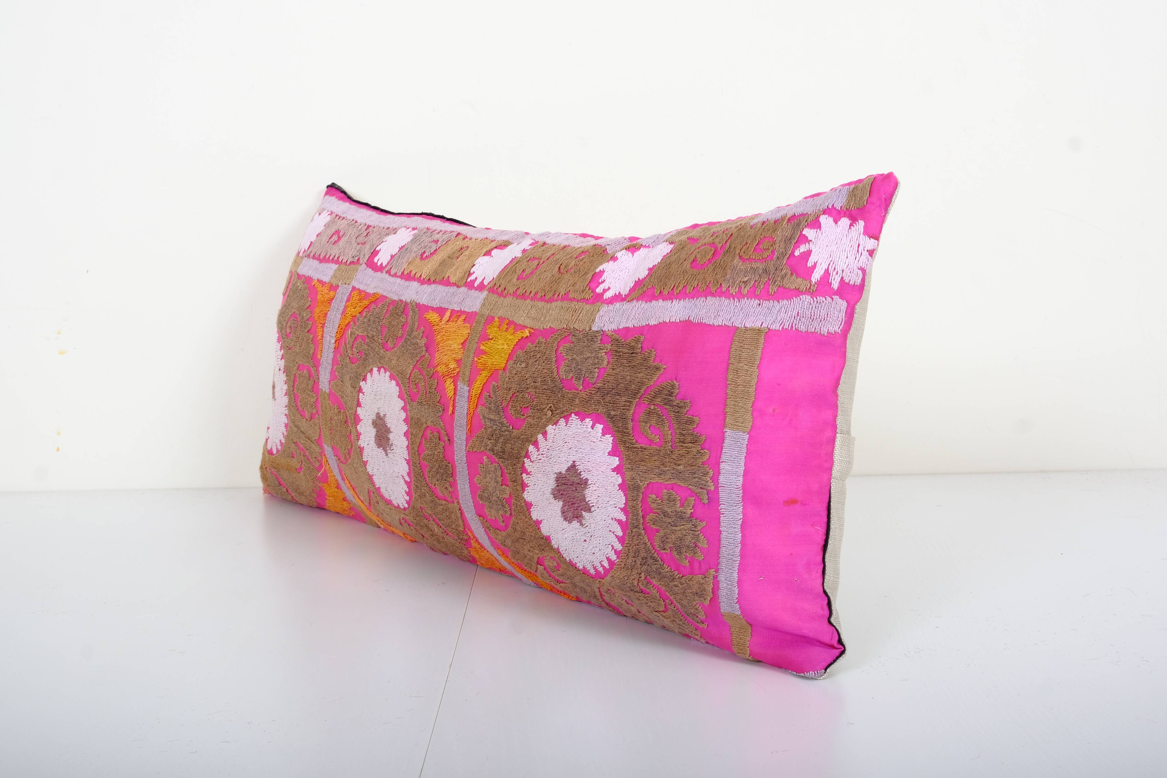 12" x 30"extra long lumbar cushion kingsize suzani pillow cover, pink tribal bedding pillow cover