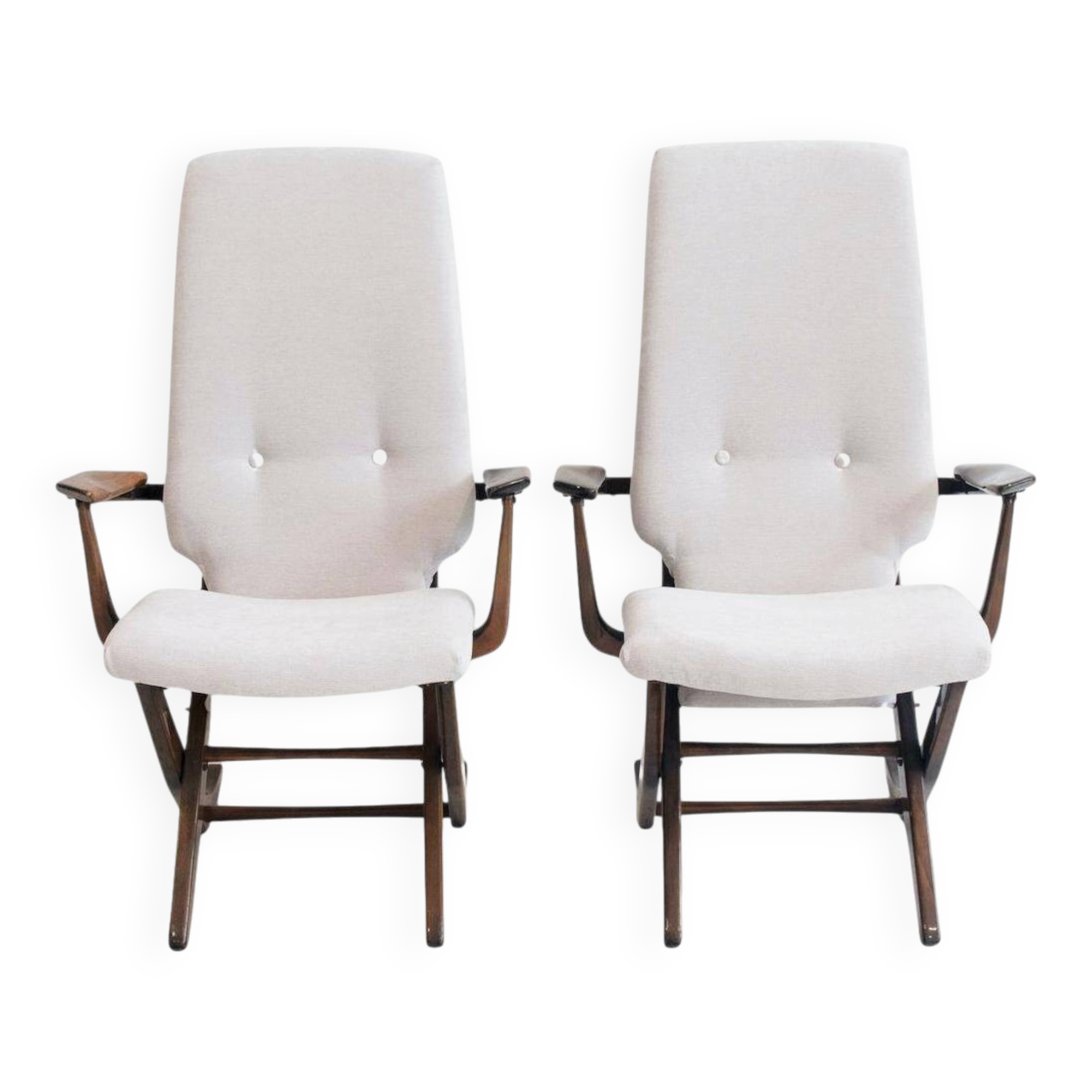 Pair of varnished wooden reclining armchairs, upholstered in lightweight fabric.