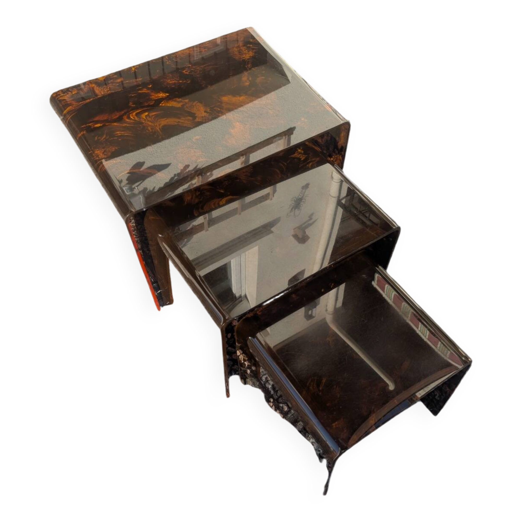 Tortoiseshell plexiglass nesting coffee tables