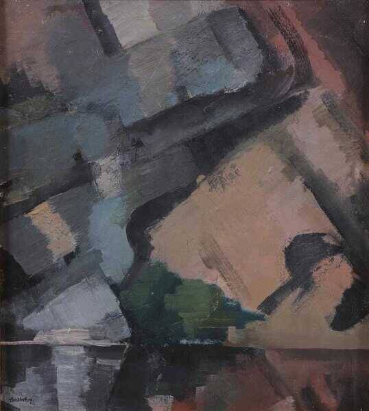 Original large mid-century Swedish oil on canvas – “Composition” by Sixten Lundbohm – vintage & framed – 77 × 70 cm (30.3" × 27.6")