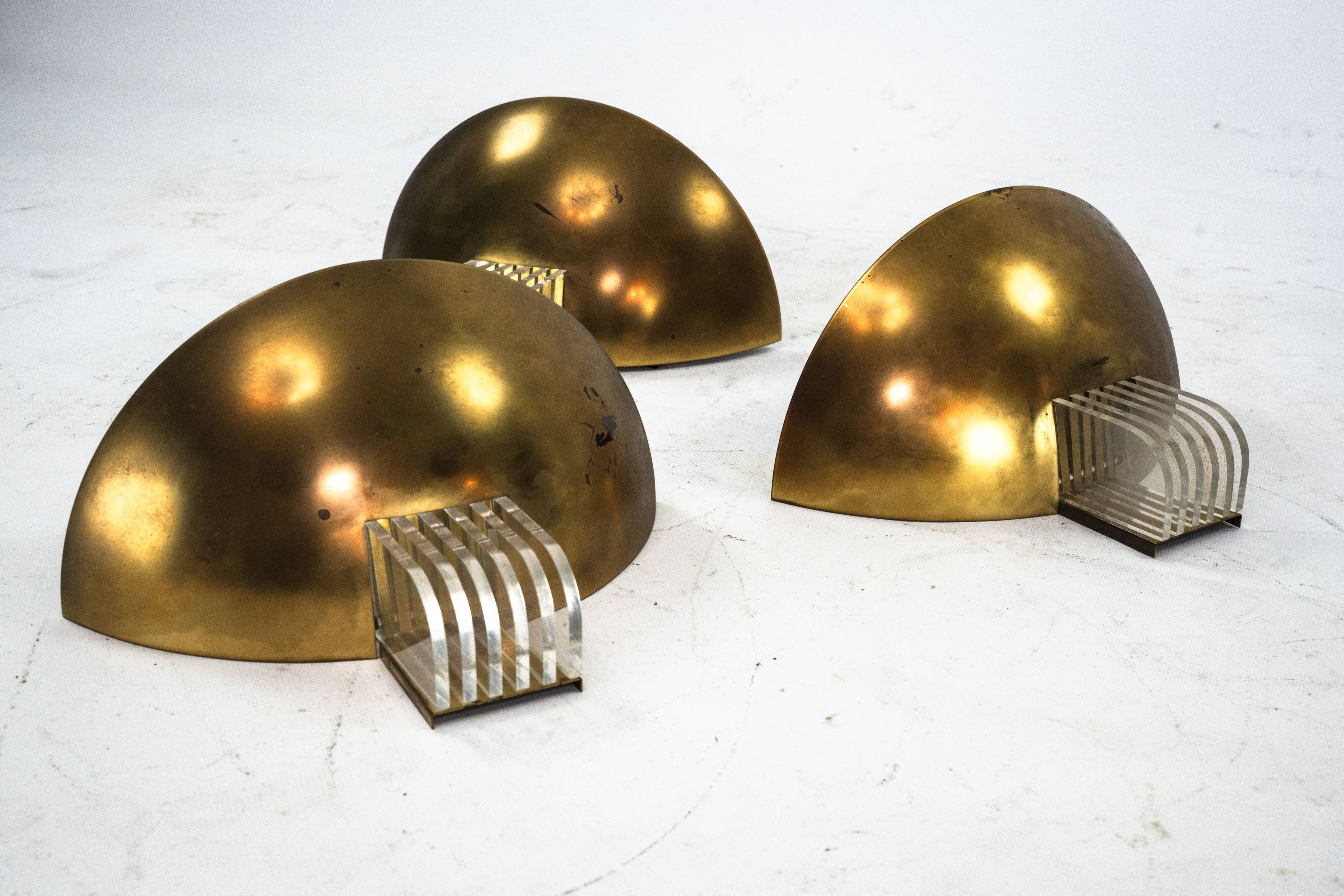 Set of three Italian Deco-style brass wall sconces, Italy 1970s