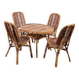 Table intérieure/extérieure en rotin avec chaises, Italie des années 1960