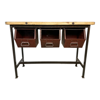 Industrial Worktable with Three Iron Drawers, 1960s