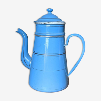 Cafetière en tôle émaillée de couleur bleu et or