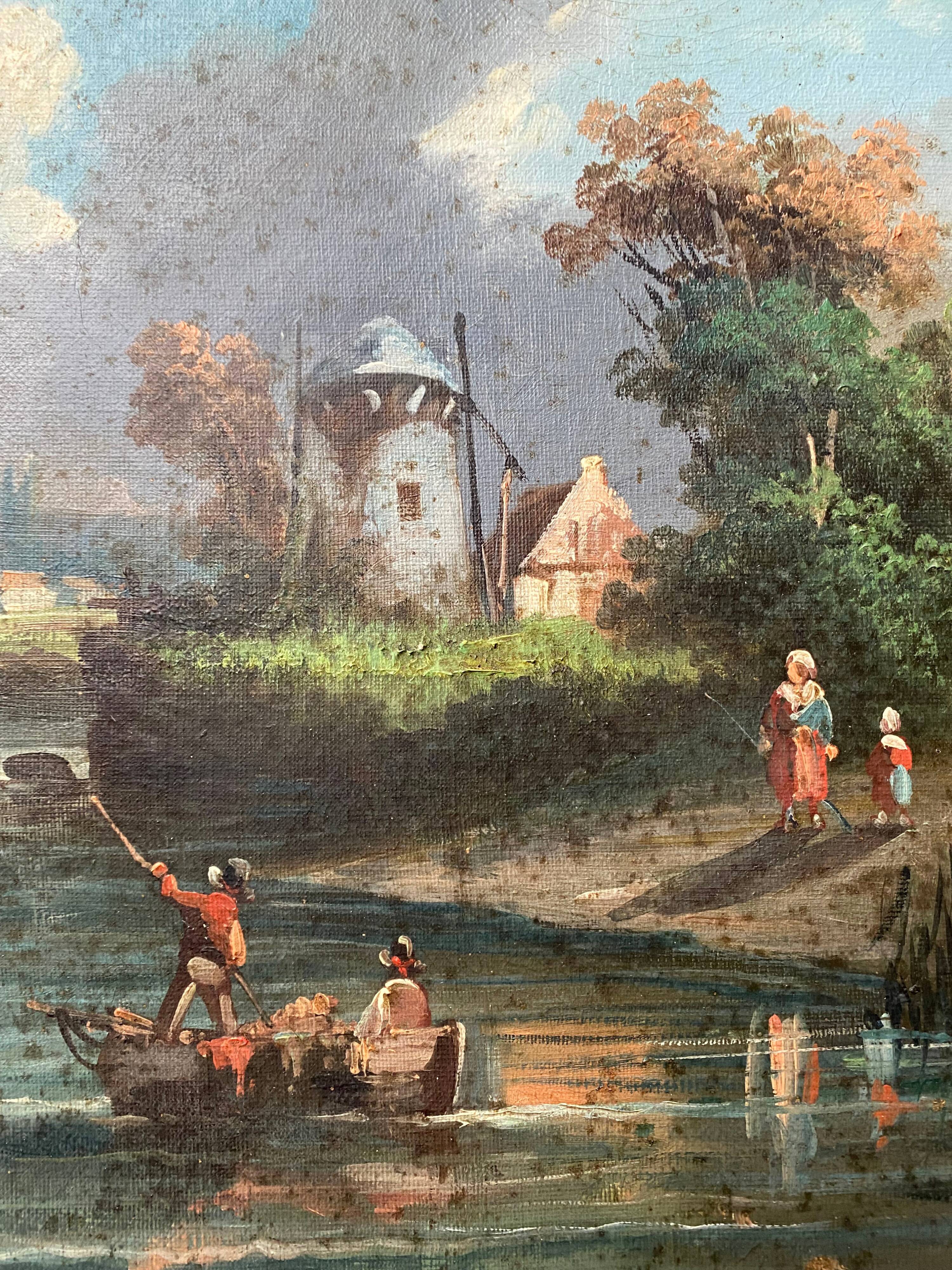 HST painting "Landscape with towns and fishermen" signed Texier + frame XIX°