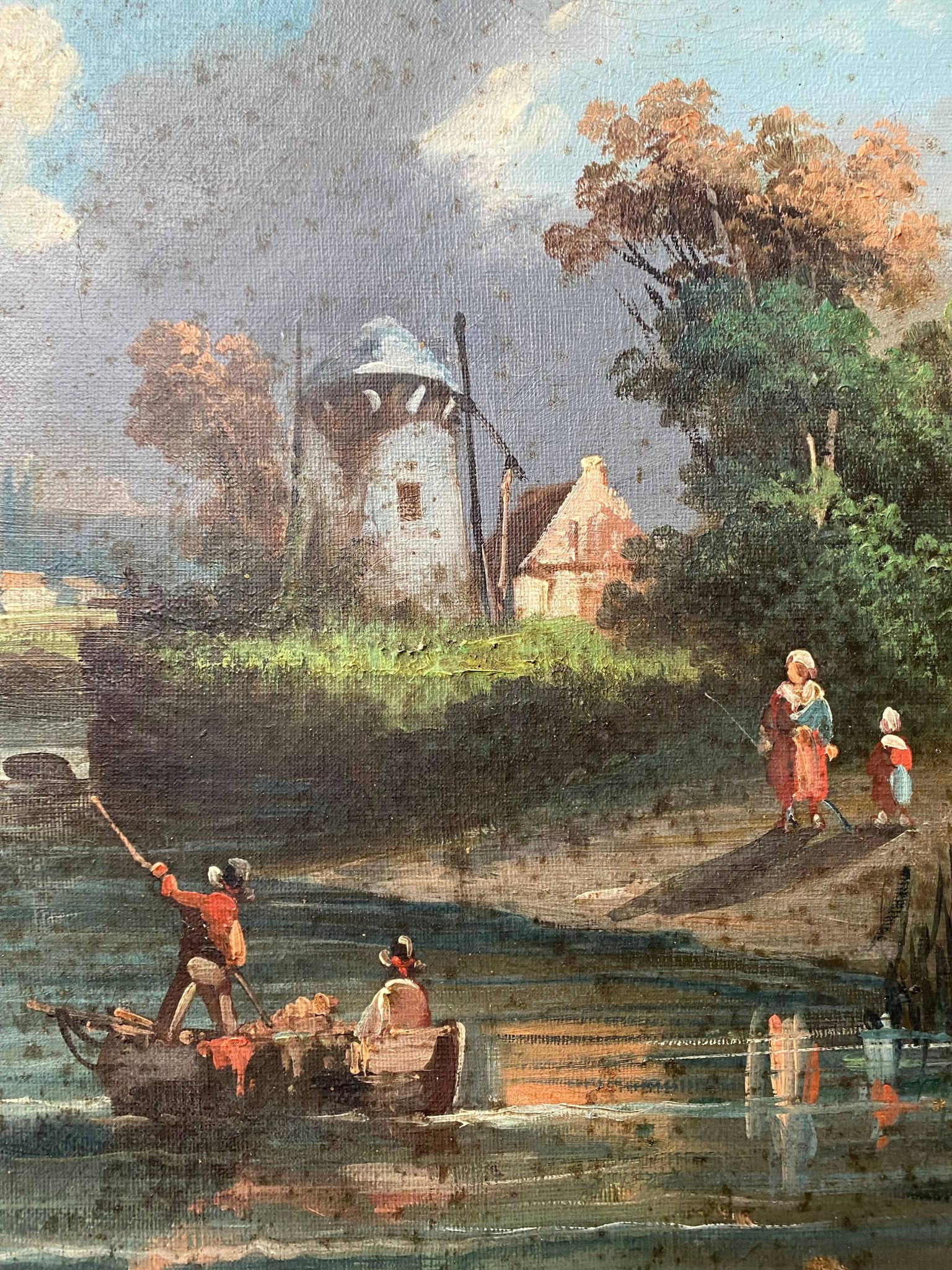 HST painting "Landscape with towns and fishermen" signed Texier + frame XIX°