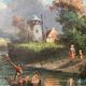 HST painting "Landscape with towns and fishermen" signed Texier + frame XIX°