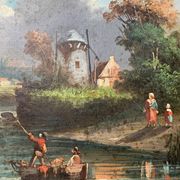 HST painting "Landscape with towns and fishermen" signed Texier + frame XIX°