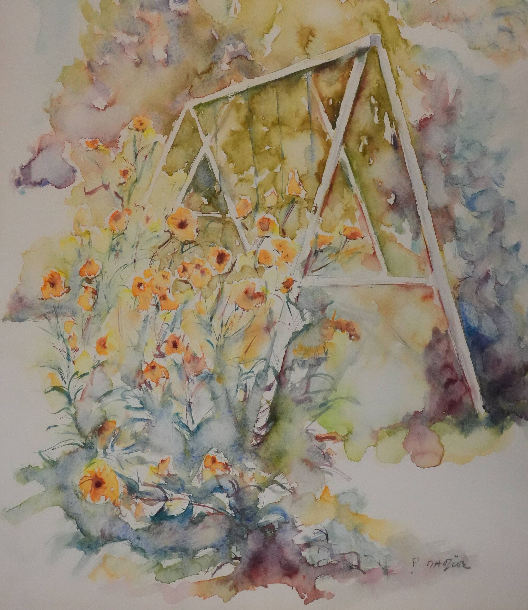 Ecole XXe : Le parc fleuri, aquarelle originale signée