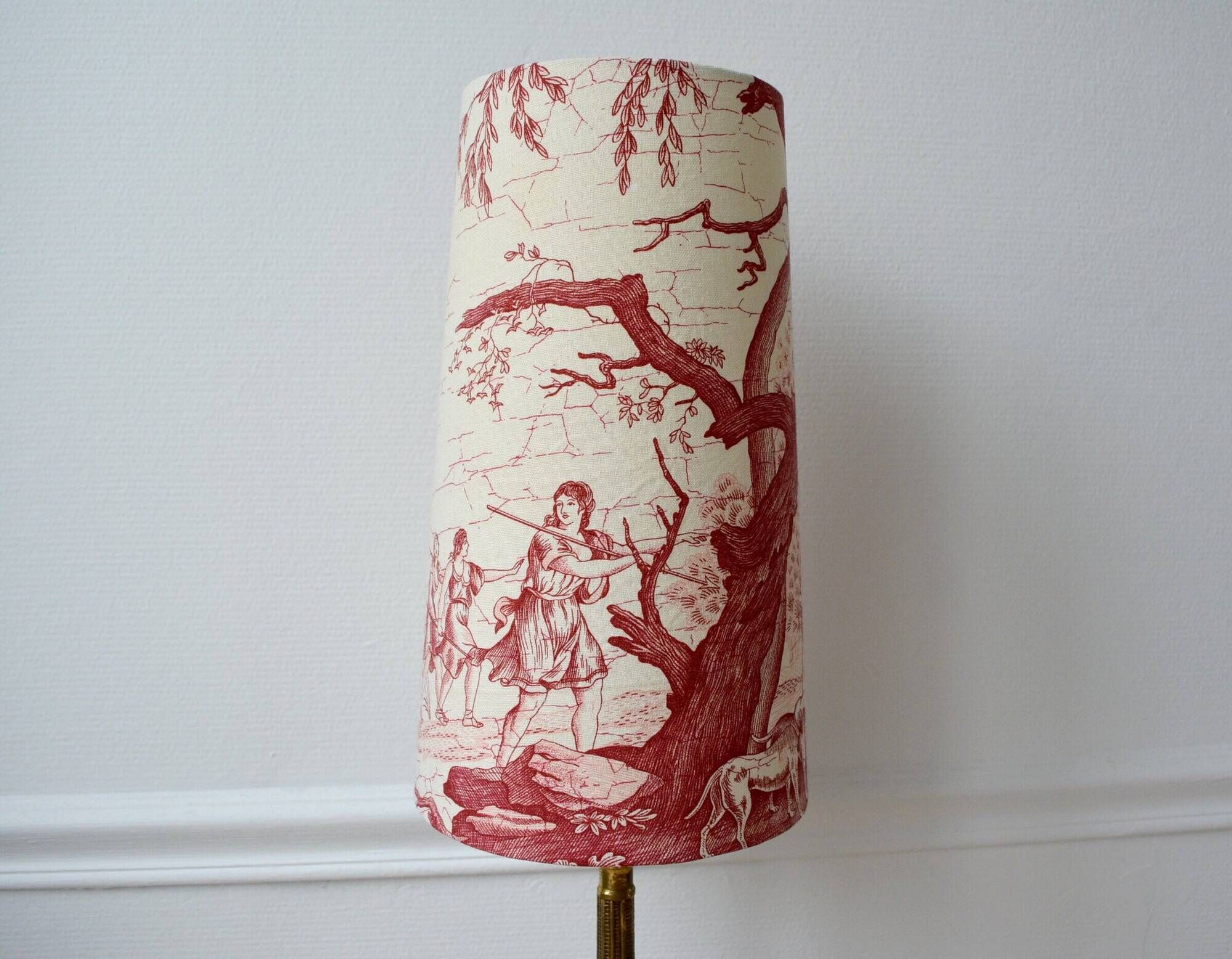 Red toile de Jouy lampshade, Diana the Huntress Greek goddess